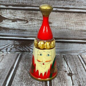 Vintage Handpainted Christmas Holiday Santa Gold Accents Wooden Bell  5"